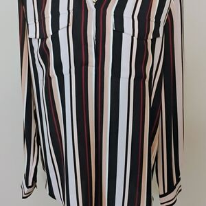 Ann Taylor Black, White, and Red Striped Button Down Shirt